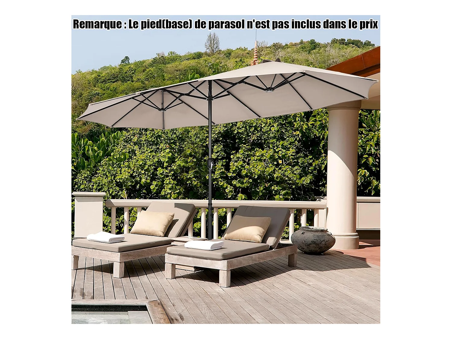 Parasol de Jardin Double XXL 470x280 CM 12 Côtes Manivelle Cadre Métal Toile Polyester 3 Trous d'Aération Poteau 48MM Beige
