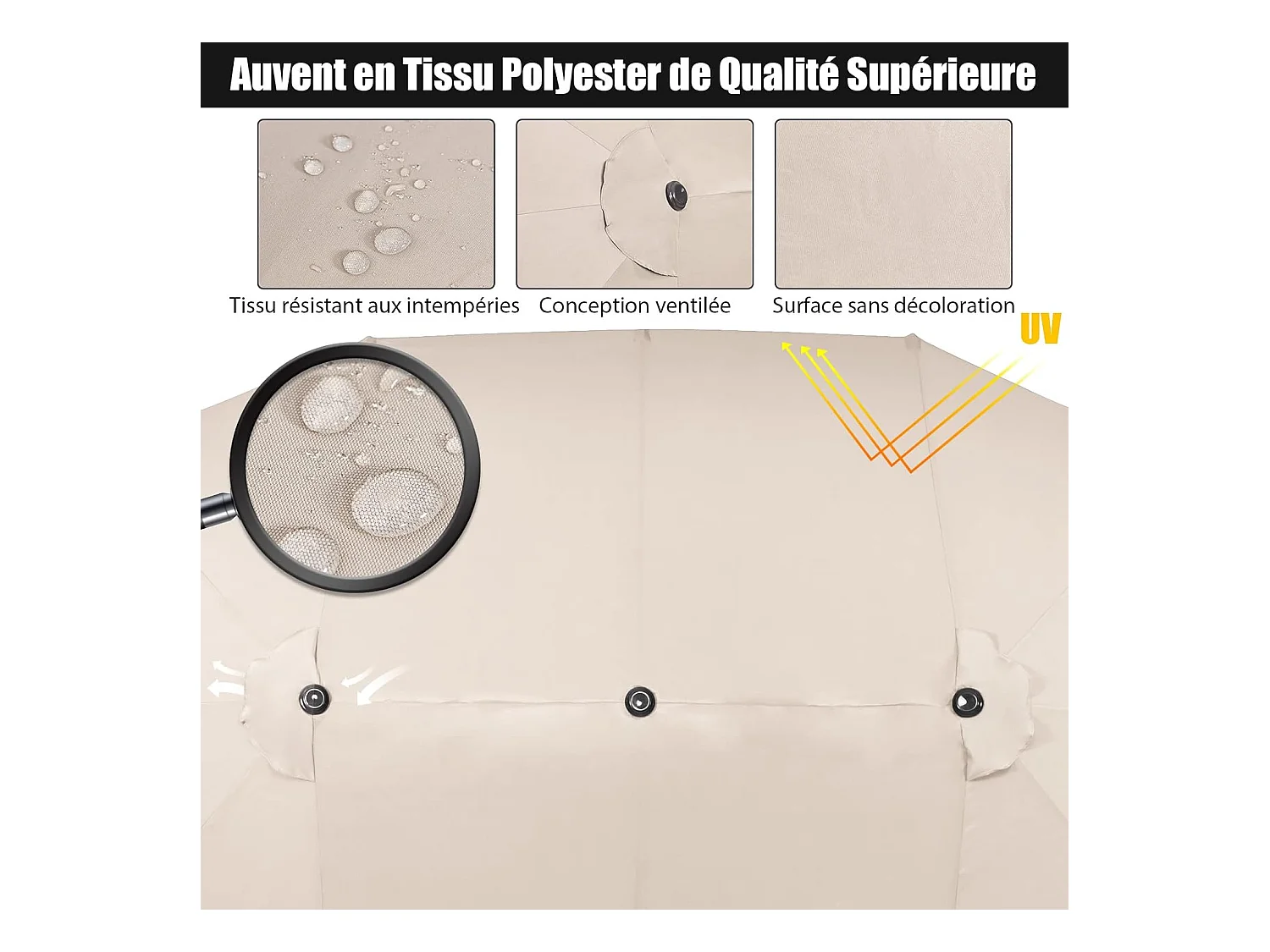 Parasol de Jardin Double XXL 470x280 CM 12 Côtes Manivelle Cadre Métal Toile Polyester 3 Trous d'Aération Poteau 48MM Beige