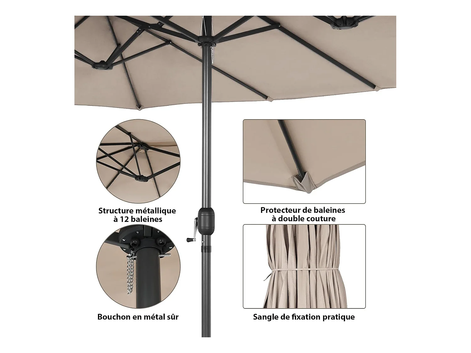 Parasol de Jardin Double XXL 470x280 CM 12 Côtes Manivelle Cadre Métal Toile Polyester 3 Trous d'Aération Poteau 48MM Beige