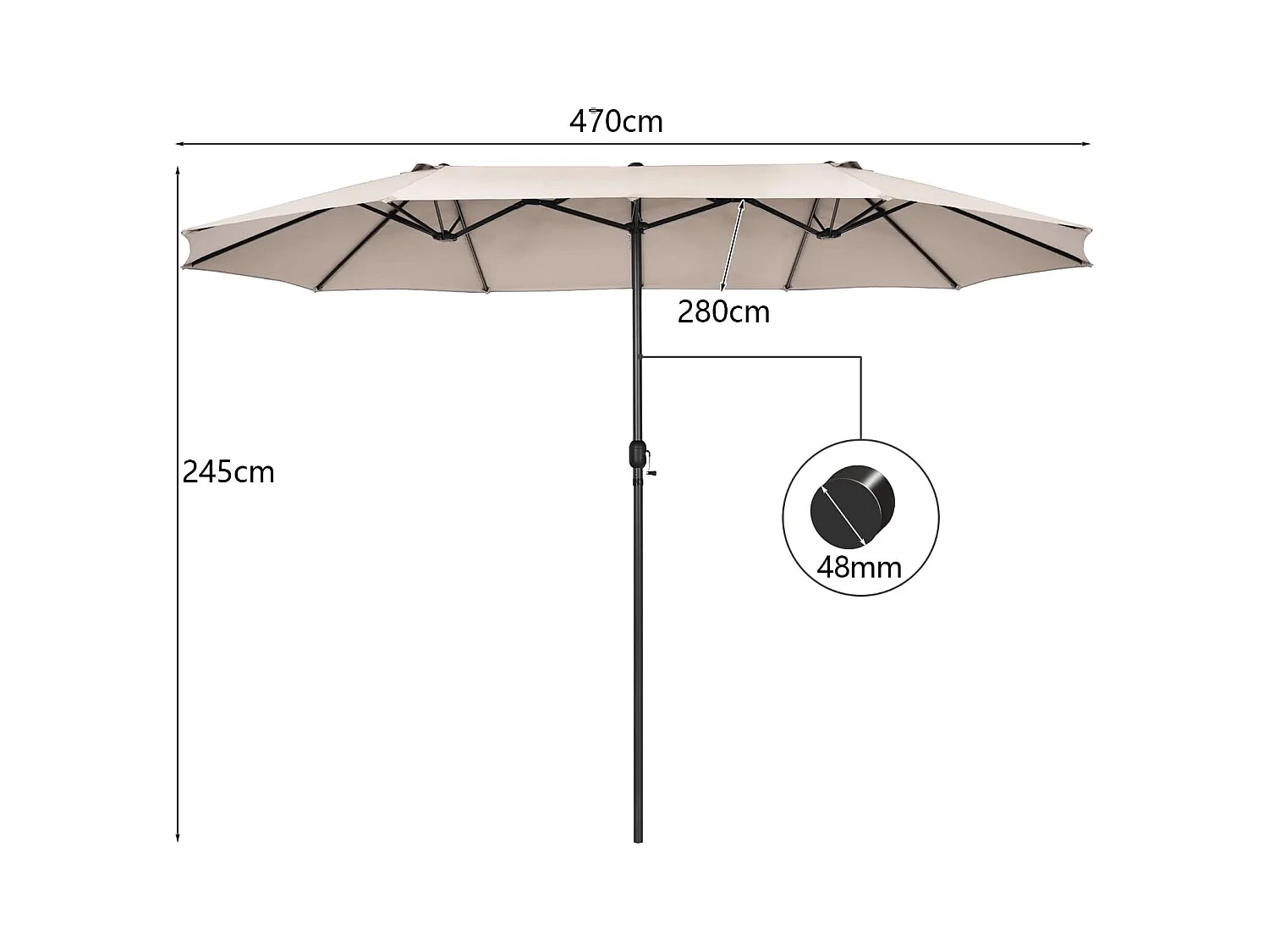 Parasol de Jardin Double XXL 470x280 CM 12 Côtes Manivelle Cadre Métal Toile Polyester 3 Trous d'Aération Poteau 48MM Beige