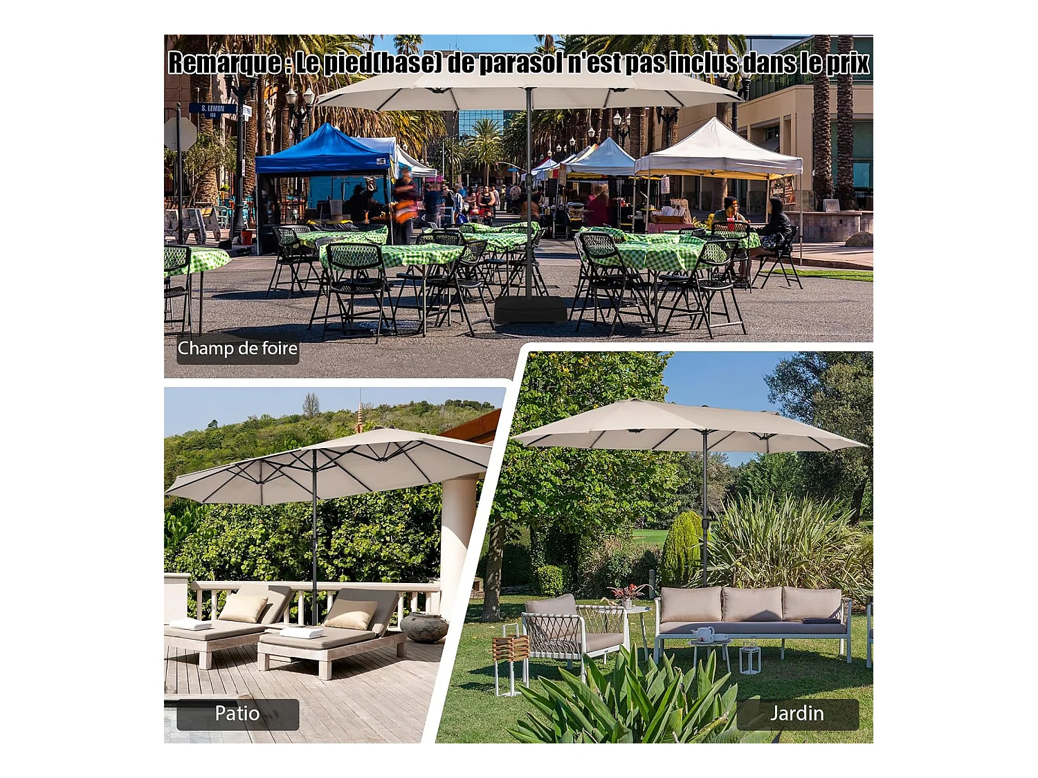 Parasol de Jardin Double XXL 470x280 CM 12 Côtes Manivelle Cadre Métal Toile Polyester 3 Trous d'Aération Poteau 48MM Beige