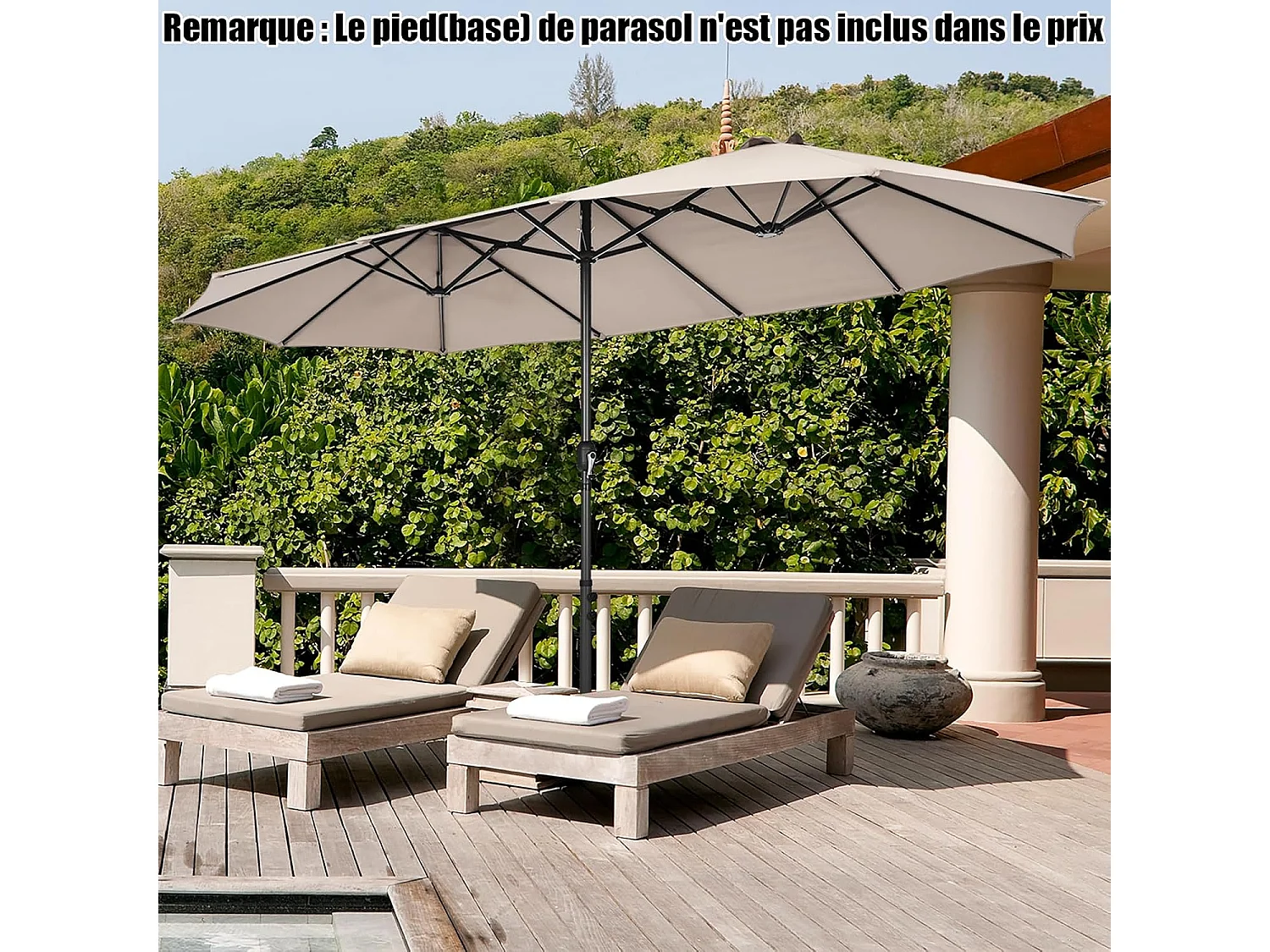 Parasol de Jardin Double XXL 470x280 CM 12 Côtes Manivelle Cadre Métal Toile Polyester 3 Trous d'Aération Poteau 48MM Beige