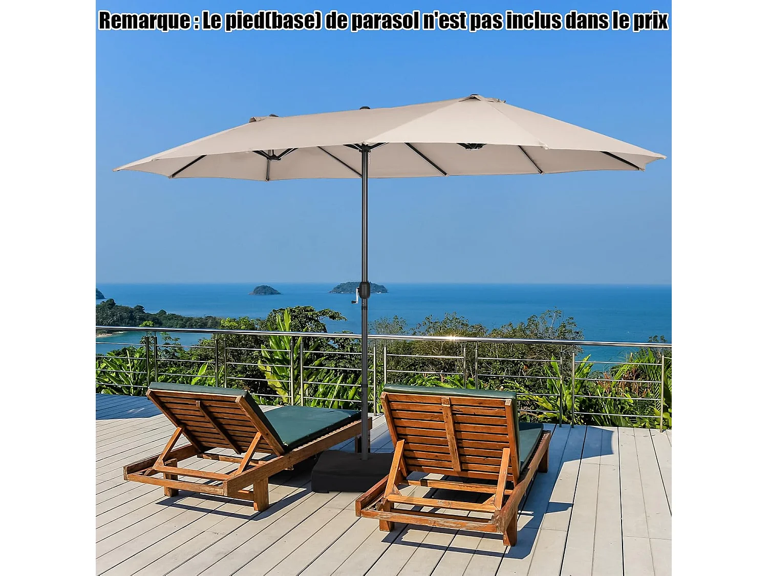 Parasol de Jardin Double XXL 470x280 CM 12 Côtes Manivelle Cadre Métal Toile Polyester 3 Trous d'Aération Poteau 48MM Beige