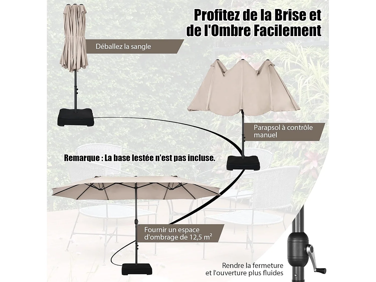 Parasol de Jardin Double XXL 470x280 CM 12 Côtes Manivelle Cadre Métal Toile Polyester 3 Trous d'Aération Poteau 48MM Beige