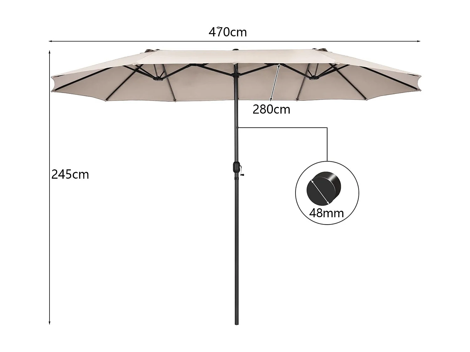 Parasol de Jardin Double XXL 470x280 CM 12 Côtes Manivelle Cadre Métal Toile Polyester 3 Trous d'Aération Poteau 48MM Beige