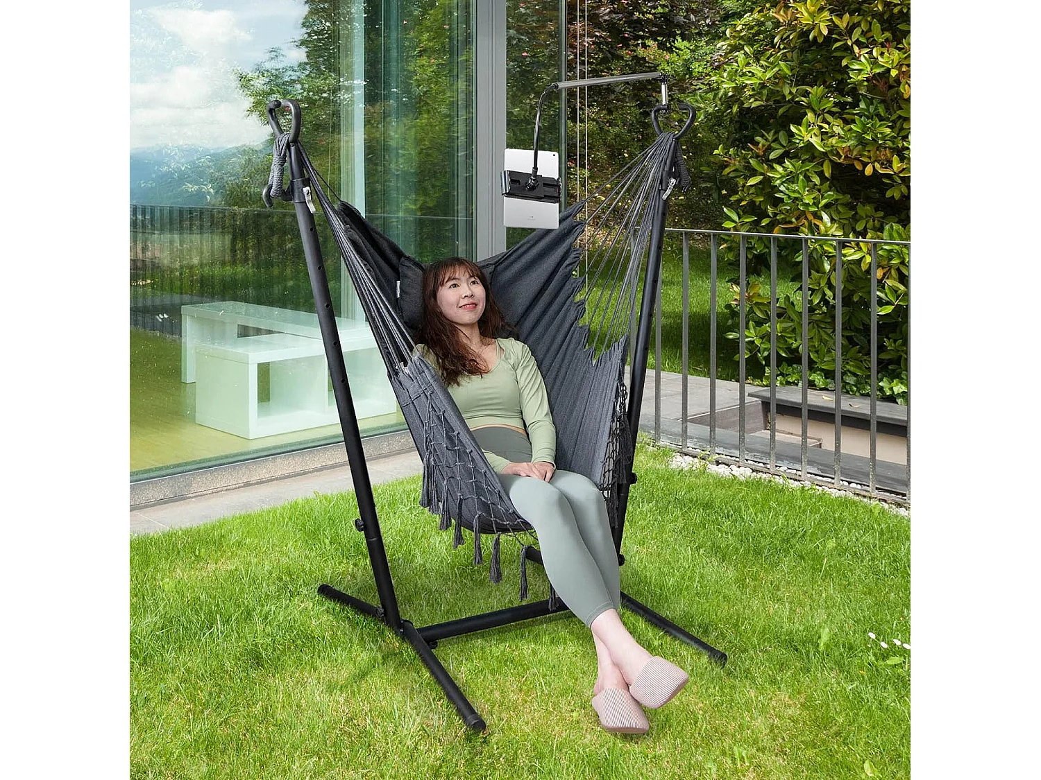 Hamac sur Pied avec Support en Métal 6 Hauteurs 96-146 cm, Chaise Suspendue en Coton Tissé Charge 250KG avec Oreiller Poche Latérale Porte-Téléphone et SacGris