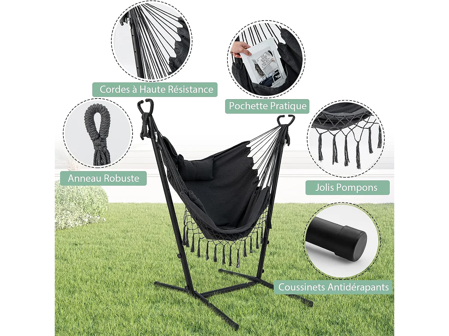 Hamac sur Pied avec Support en Métal 6 Hauteurs 96-146 cm, Chaise Suspendue en Coton Tissé Charge 250KG avec Oreiller Poche Latérale Porte-Téléphone et SacGris