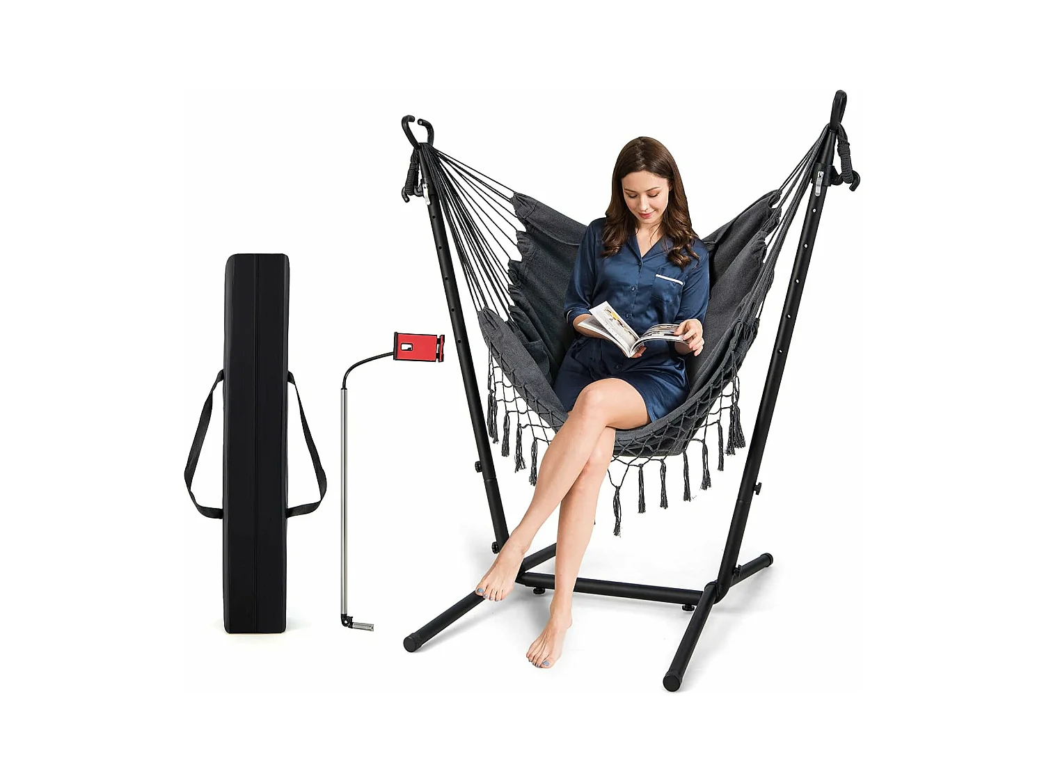 Hamac sur Pied avec Support en Métal 6 Hauteurs 96-146 cm, Chaise Suspendue en Coton Tissé Charge 250KG avec Oreiller Poche Latérale Porte-Téléphone et SacGris