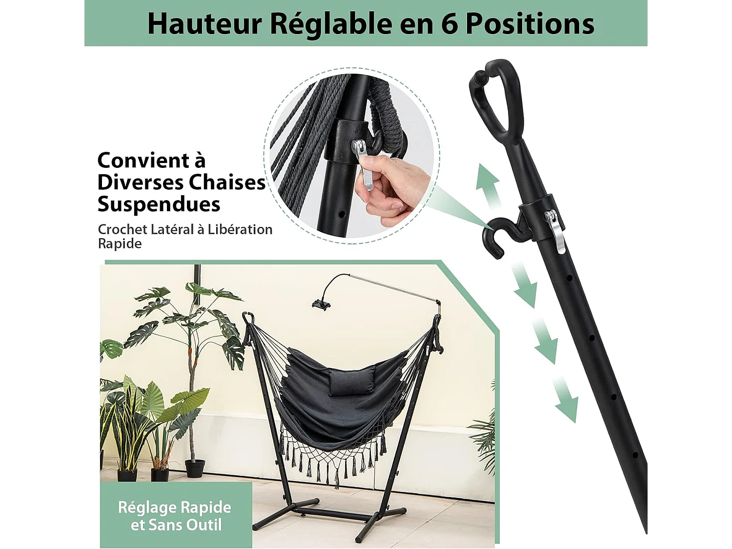 Hamac sur Pied avec Support en Métal 6 Hauteurs 96-146 cm, Chaise Suspendue en Coton Tissé Charge 250KG avec Oreiller Poche Latérale Porte-Téléphone et SacGris