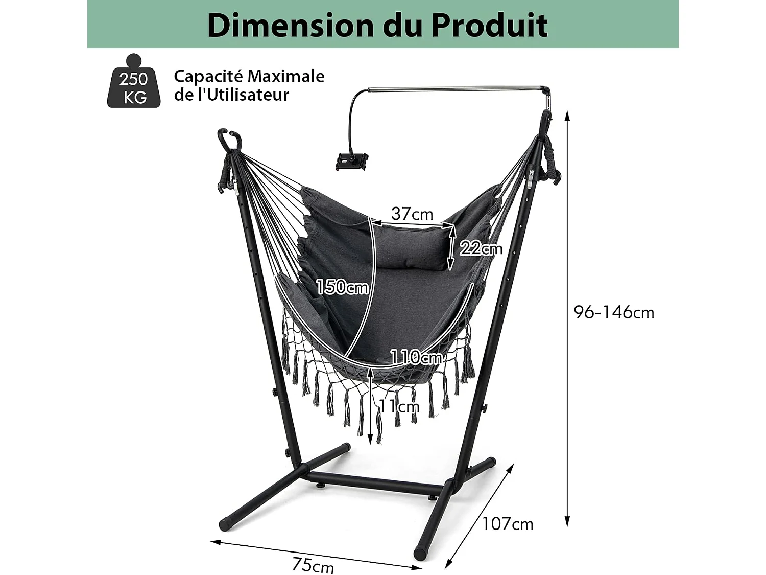 Hamac sur Pied avec Support en Métal 6 Hauteurs 96-146 cm, Chaise Suspendue en Coton Tissé Charge 250KG avec Oreiller Poche Latérale Porte-Téléphone et SacGris