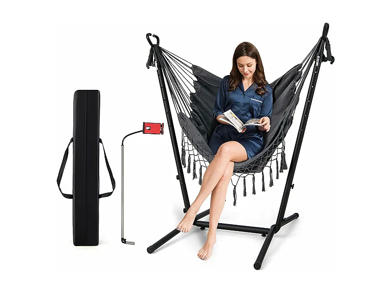 Hamac sur Pied avec Support en Métal 6 Hauteurs 96-146 cm, Chaise Suspendue en Coton Tissé Charge 250KG avec Oreiller Poche Latérale Porte-Téléphone et SacGris