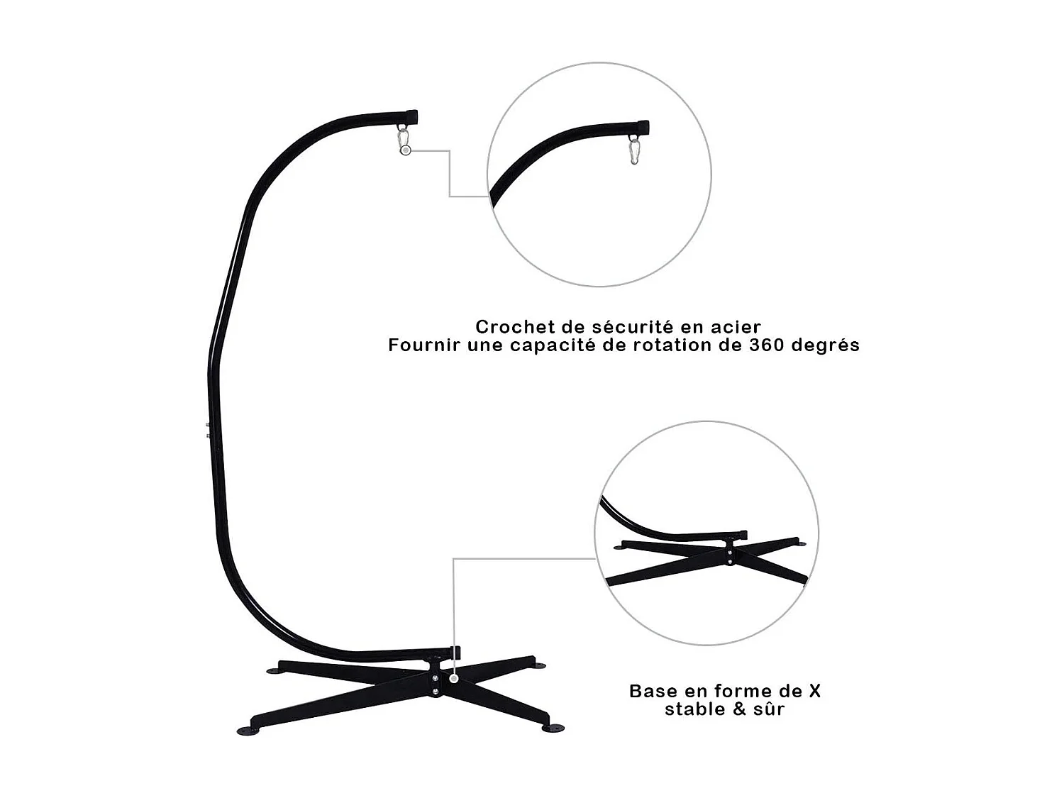 Support de Hamac en Forme C, Support Métallique pour Hamac Charge Maximum de 150KG Noir Chaise (Hamac Non Incluse)