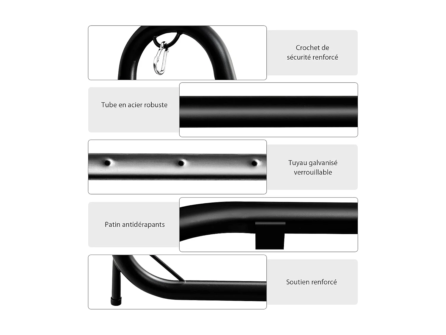 Support pour Fauteuil Suspendu 195-235cm Cadre en Acier avec Crochet de Sécurité Pieds Antidérapants sans Hamac Noir