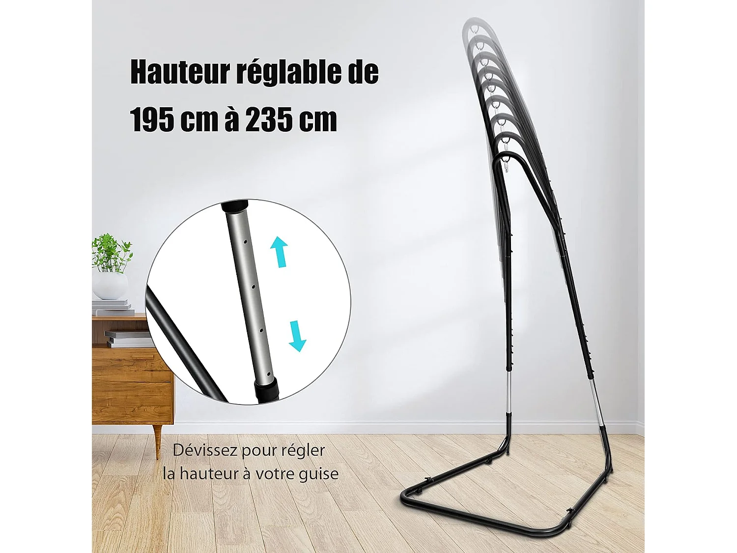 Support pour Fauteuil Suspendu 195-235cm Cadre en Acier avec Crochet de Sécurité Pieds Antidérapants sans Hamac Noir