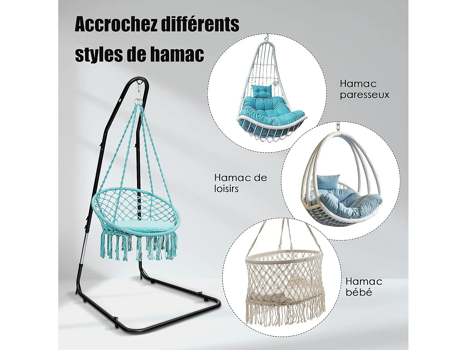 Support pour Fauteuil Suspendu 195-235cm Cadre en Acier avec Crochet de Sécurité Pieds Antidérapants sans Hamac Noir