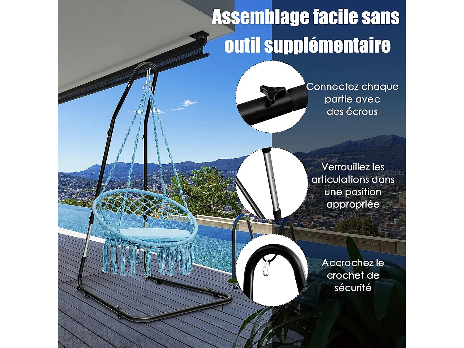 Support pour Fauteuil Suspendu 195-235cm Cadre en Acier avec Crochet de Sécurité Pieds Antidérapants sans Hamac Noir