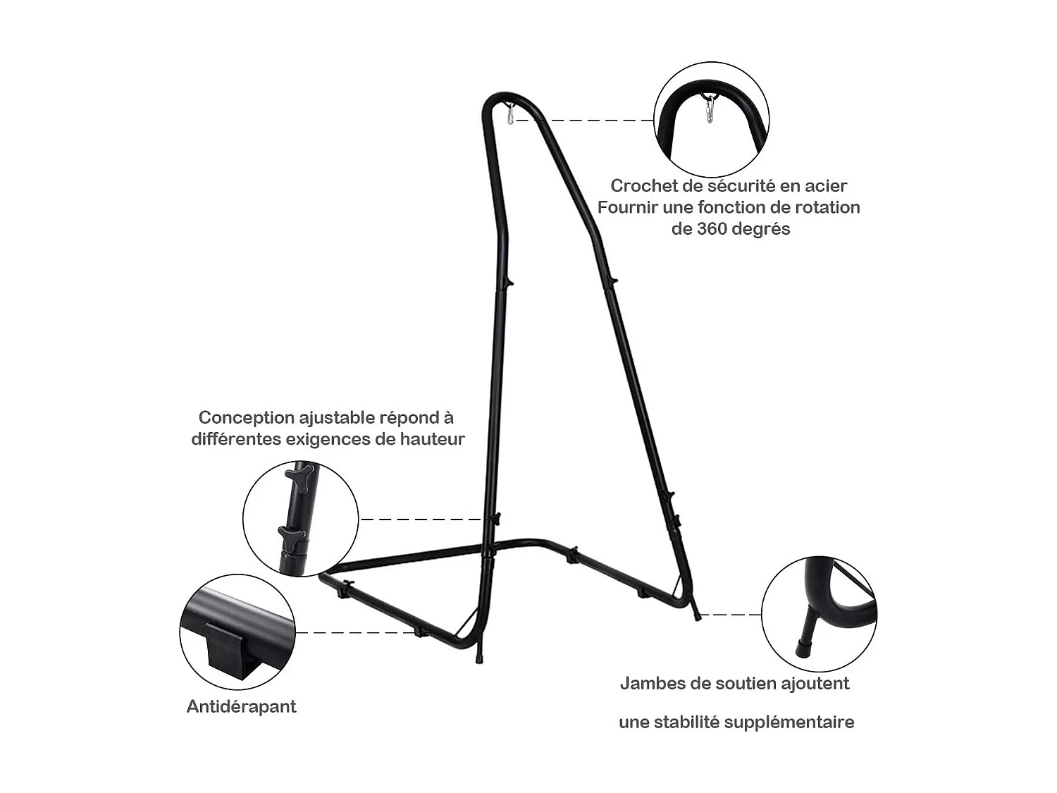 Support hamac stable Support pour fauteuil suspendu Hauteur ajustable charge max 150kg anti-rouille