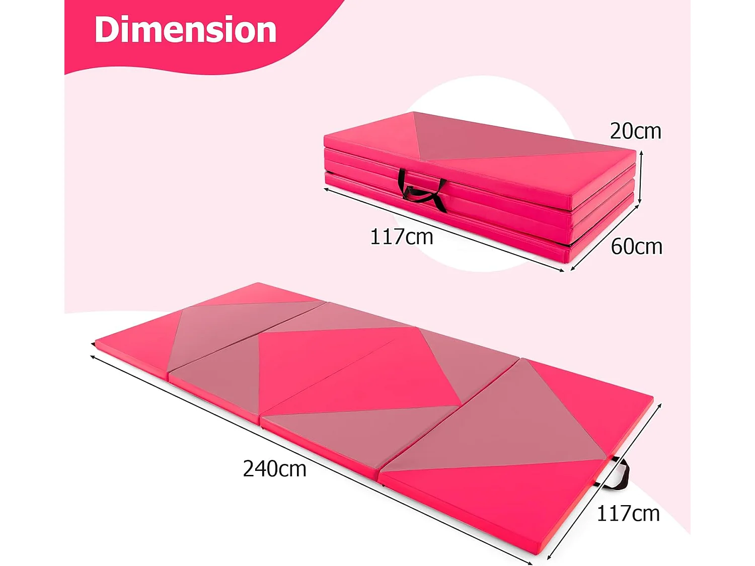 Tapis de Gymnastique Pliable Epais 240x117x5CM, Matelas d'Entrainement en Mousse et PU avec Poignées, pour Gymnastes Entraînements Sportifs Yoga (Rose et Rouge)