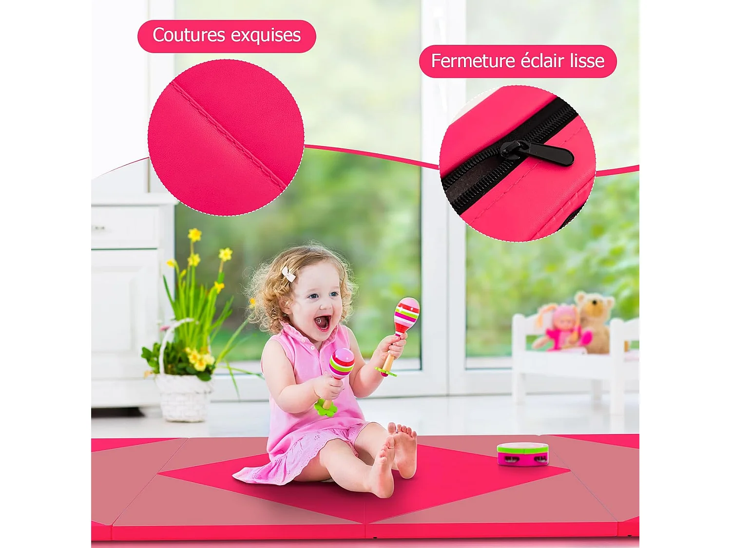 Tapis de Gymnastique Pliable Epais 240x117x5CM, Matelas d'Entrainement en Mousse et PU avec Poignées, pour Gymnastes Entraînements Sportifs Yoga (Rose et Rouge)