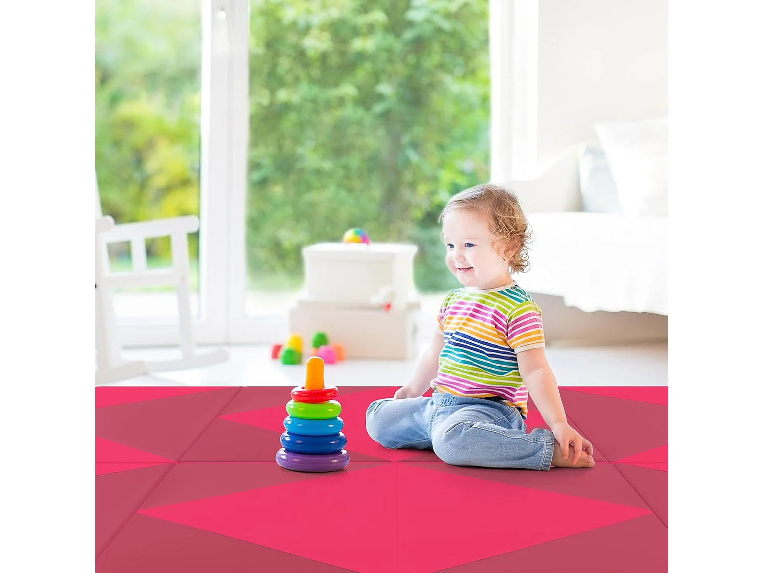 Tapis de Gymnastique Pliable Epais 240x117x5CM, Matelas d'Entrainement en Mousse et PU avec Poignées, pour Gymnastes Entraînements Sportifs Yoga (Rose et Rouge)
