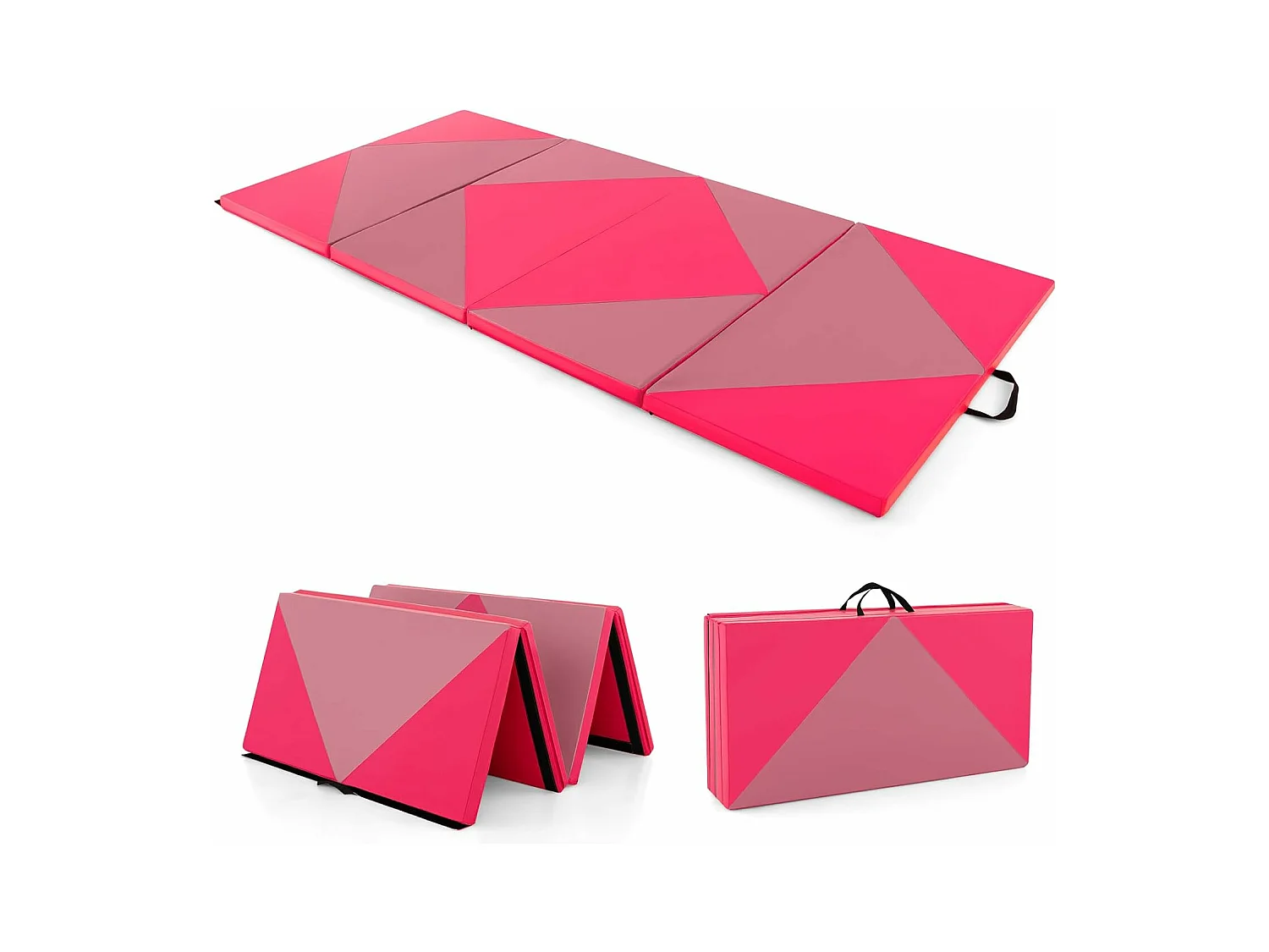 Dikke opvouwbare gymnastiekmat 240x117x5CM, schuim en PU-trainingsmatras met handgrepen, voor gymnasten sport yogatraining (roze en rood)
