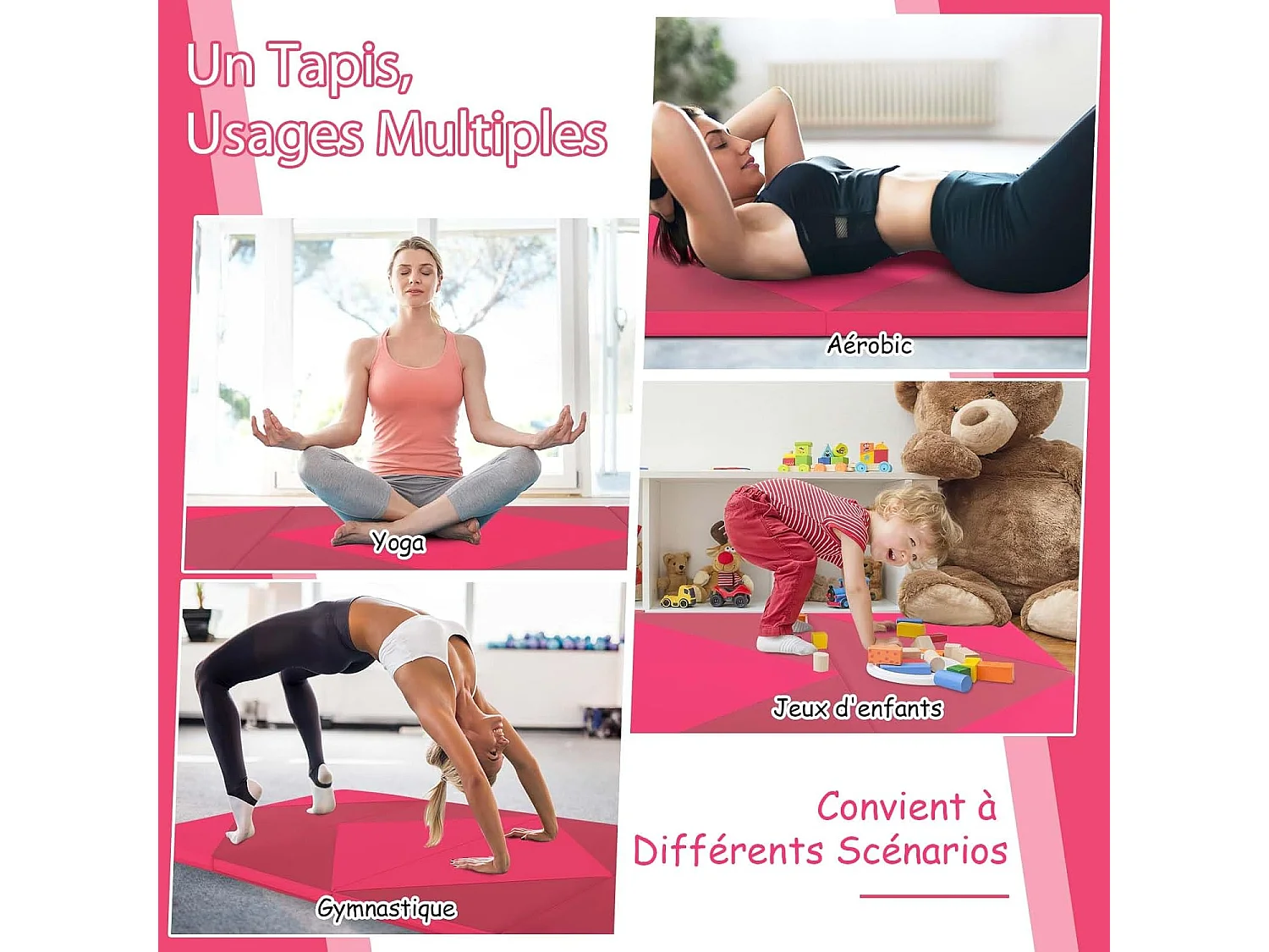 Tapis de Gymnastique Pliable Epais 240x117x5CM, Matelas d'Entrainement en Mousse et PU avec Poignées, pour Gymnastes Entraînements Sportifs Yoga (Rose et Rouge)