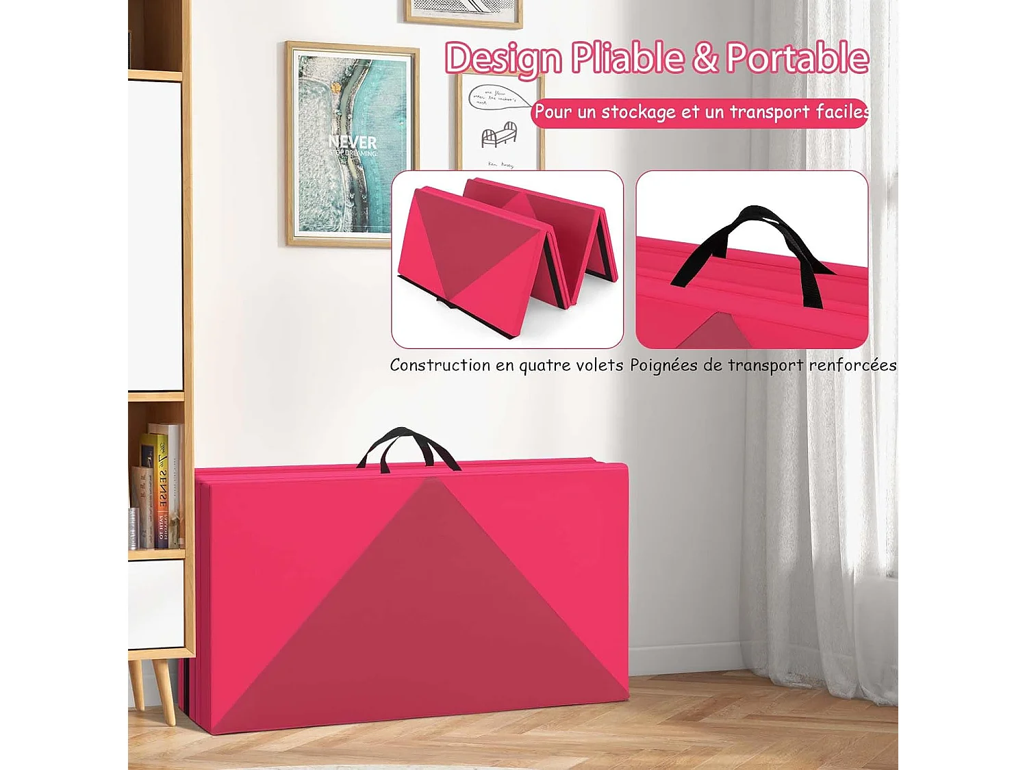 Tapis de Gymnastique Pliable Epais 240x117x5CM, Matelas d'Entrainement en Mousse et PU avec Poignées, pour Gymnastes Entraînements Sportifs Yoga (Rose et Rouge)