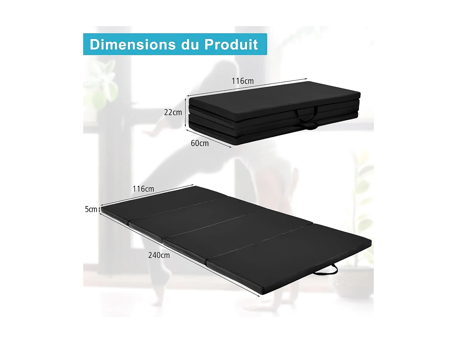 Tapis de Gymnastique Tapis de Yoga Pliant Tapis Musculation Matelas Gymnastique Pliant Portable Tapis d'Entrainement 180x60x4CM