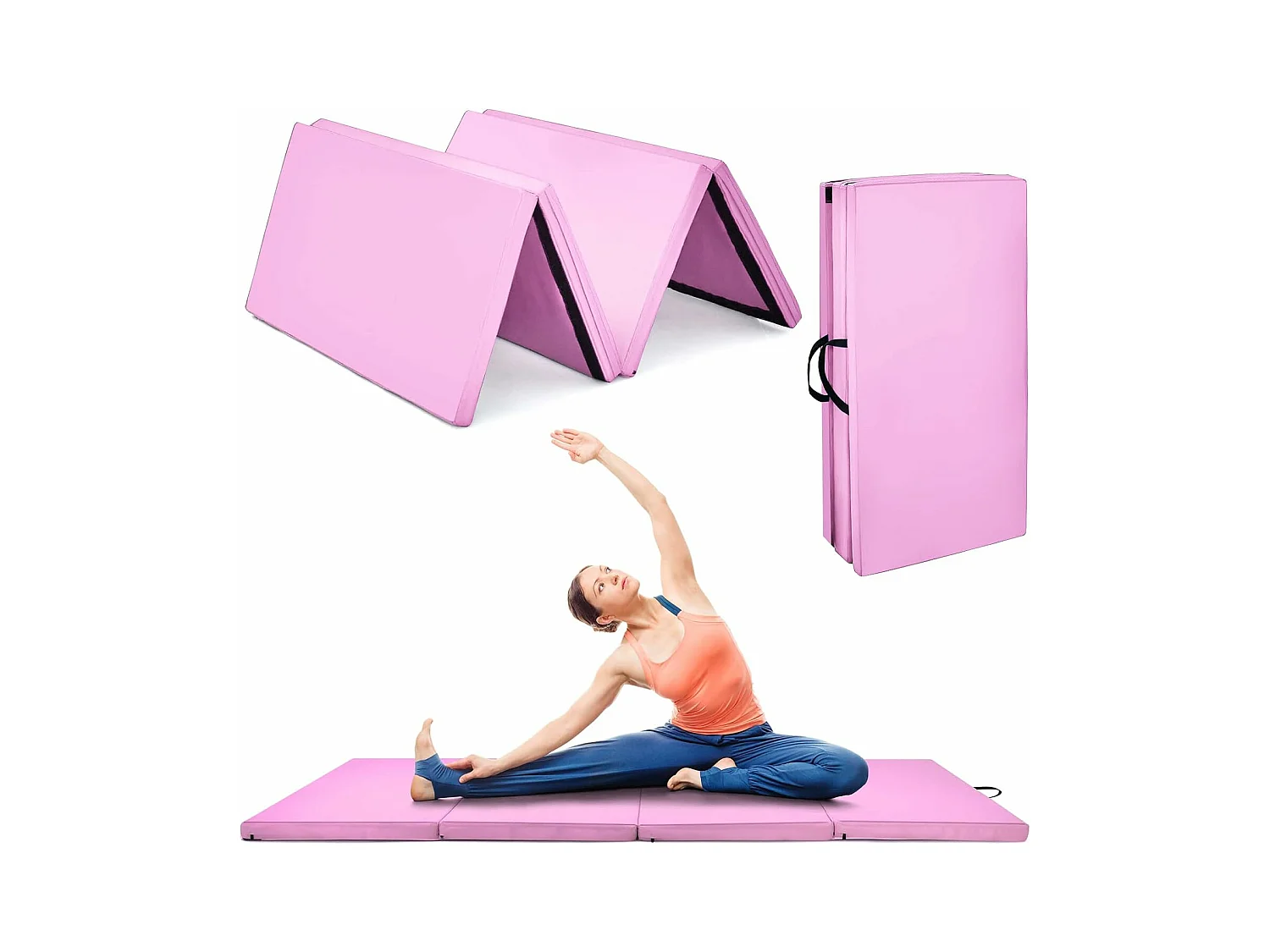 Tapis de Gymnastique Epais 240x116x5CM, Matelas d'Entrainement Pliable en Mousse et PU Détachable avec 2 Poignées 4 Velcro, pour Gymnastes Entraînements Sportifs Yoga, Rose