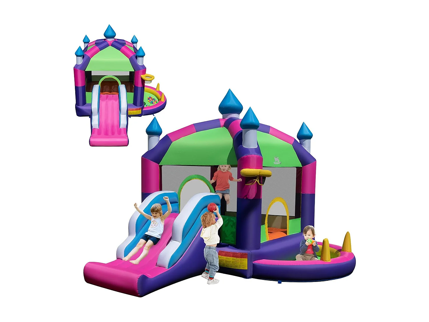 Château Gonflable 5 en 1 avec Toit & Toboggan, Aire de Jeux Gonflable avec Piscine & Panier de Basketball, Maison de Rebond, pour 2 Enfants de 3-10 Ans
