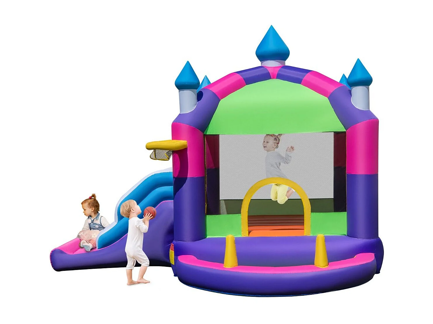 Château Gonflable 5 en 1 avec Toit & Toboggan, Aire de Jeux Gonflable avec Piscine & Panier de Basketball, Maison de Rebond, pour 2 Enfants de 3-10 Ans