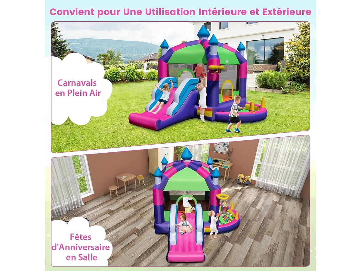 Château Gonflable 5 en 1 avec Toit & Toboggan, Aire de Jeux Gonflable avec Piscine & Panier de Basketball, Maison de Rebond, pour 2 Enfants de 3-10 Ans