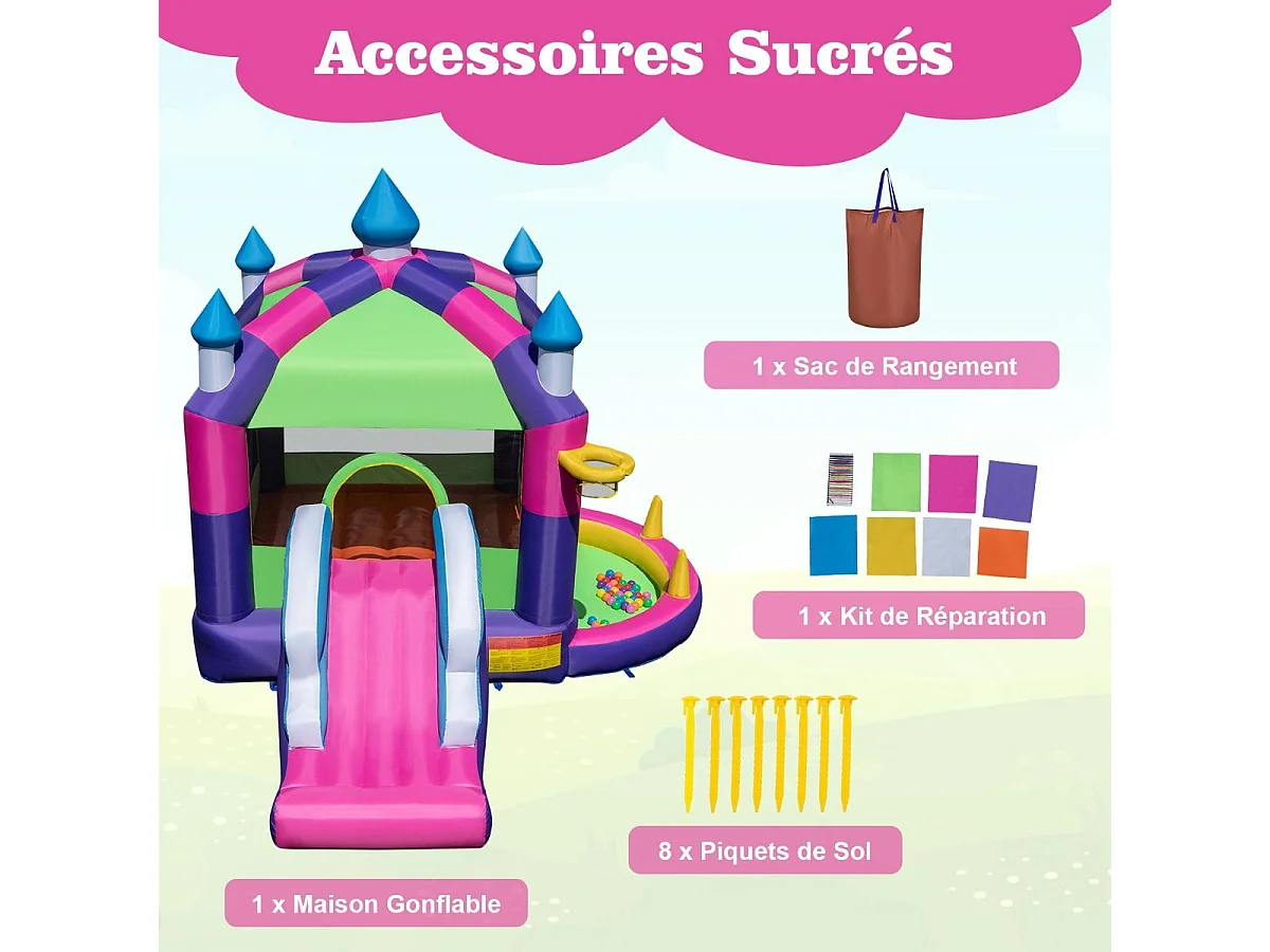 Château Gonflable 5 en 1 avec Toit & Toboggan, Aire de Jeux Gonflable avec Piscine & Panier de Basketball, Maison de Rebond, pour 2 Enfants de 3-10 Ans