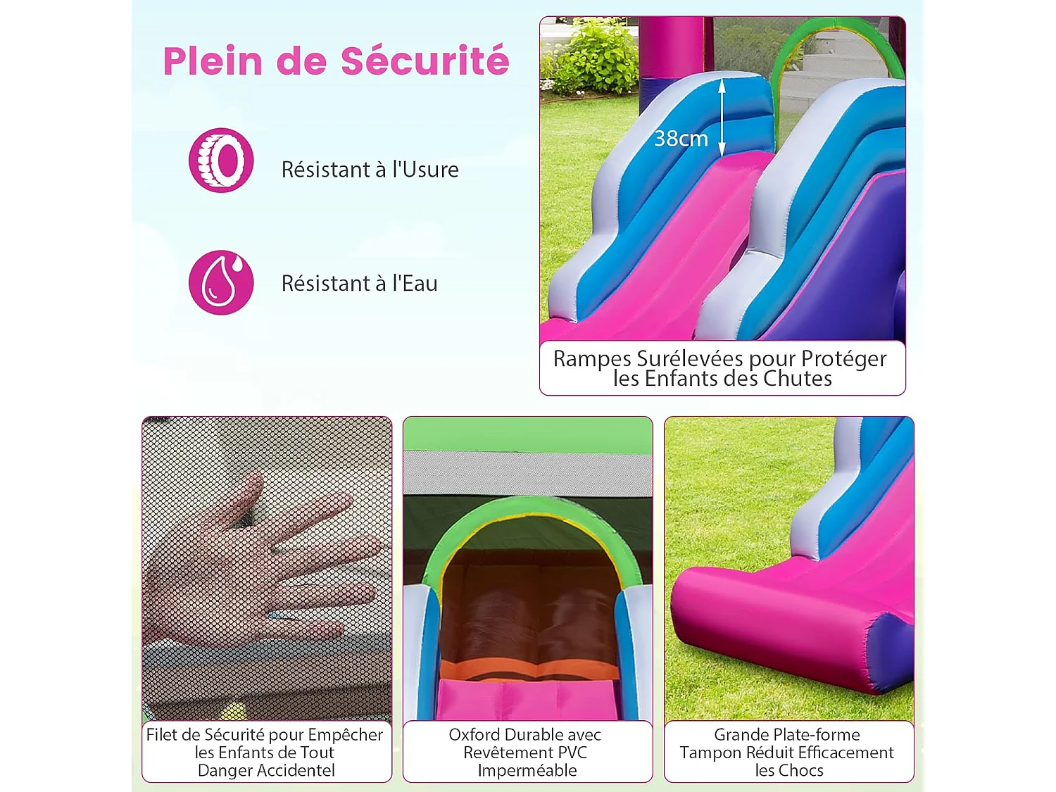 Château Gonflable 5 en 1 avec Toit & Toboggan, Aire de Jeux Gonflable avec Piscine & Panier de Basketball, Maison de Rebond, pour 2 Enfants de 3-10 Ans