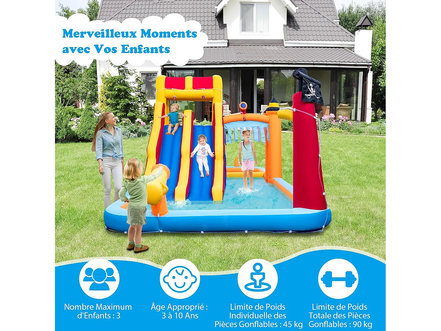 Château Gonflable en Forme Boîte avec Toboggan Aquatique & Mur d’Escalade, Aire de Jeux Gonflable avec Canon à Eau, Charge 90kg pour 3 Enfants de 3-10 Ans, 693x295x263 CM