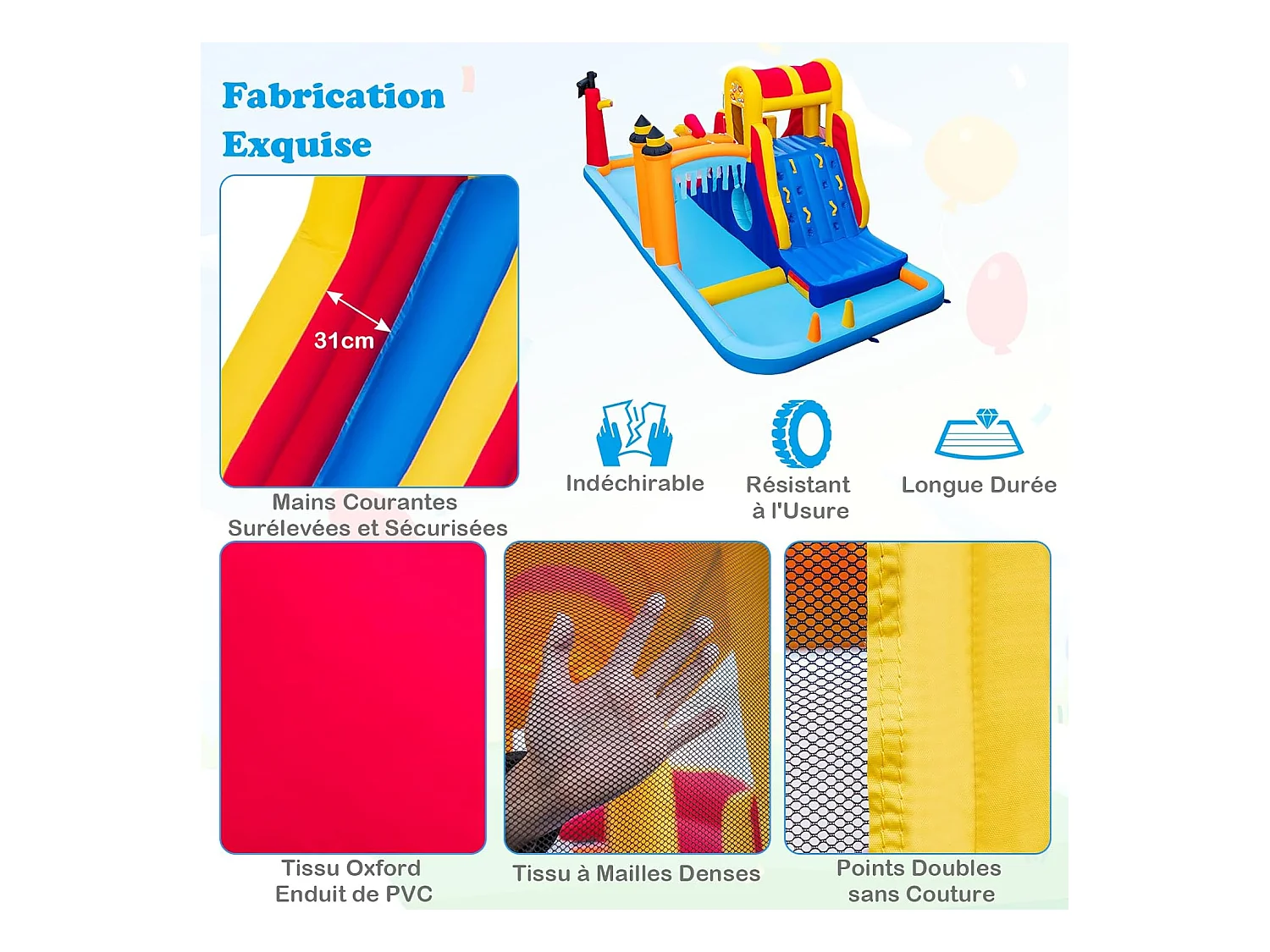 Château Gonflable en Forme Boîte avec Toboggan Aquatique & Mur d’Escalade, Aire de Jeux Gonflable avec Canon à Eau, Charge 90kg pour 3 Enfants de 3-10 Ans, 693x295x263 CM