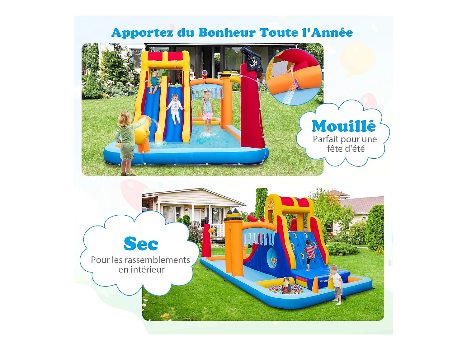 Château Gonflable en Forme Boîte avec Toboggan Aquatique & Mur d’Escalade, Aire de Jeux Gonflable avec Canon à Eau, Charge 90kg pour 3 Enfants de 3-10 Ans, 693x295x263 CM