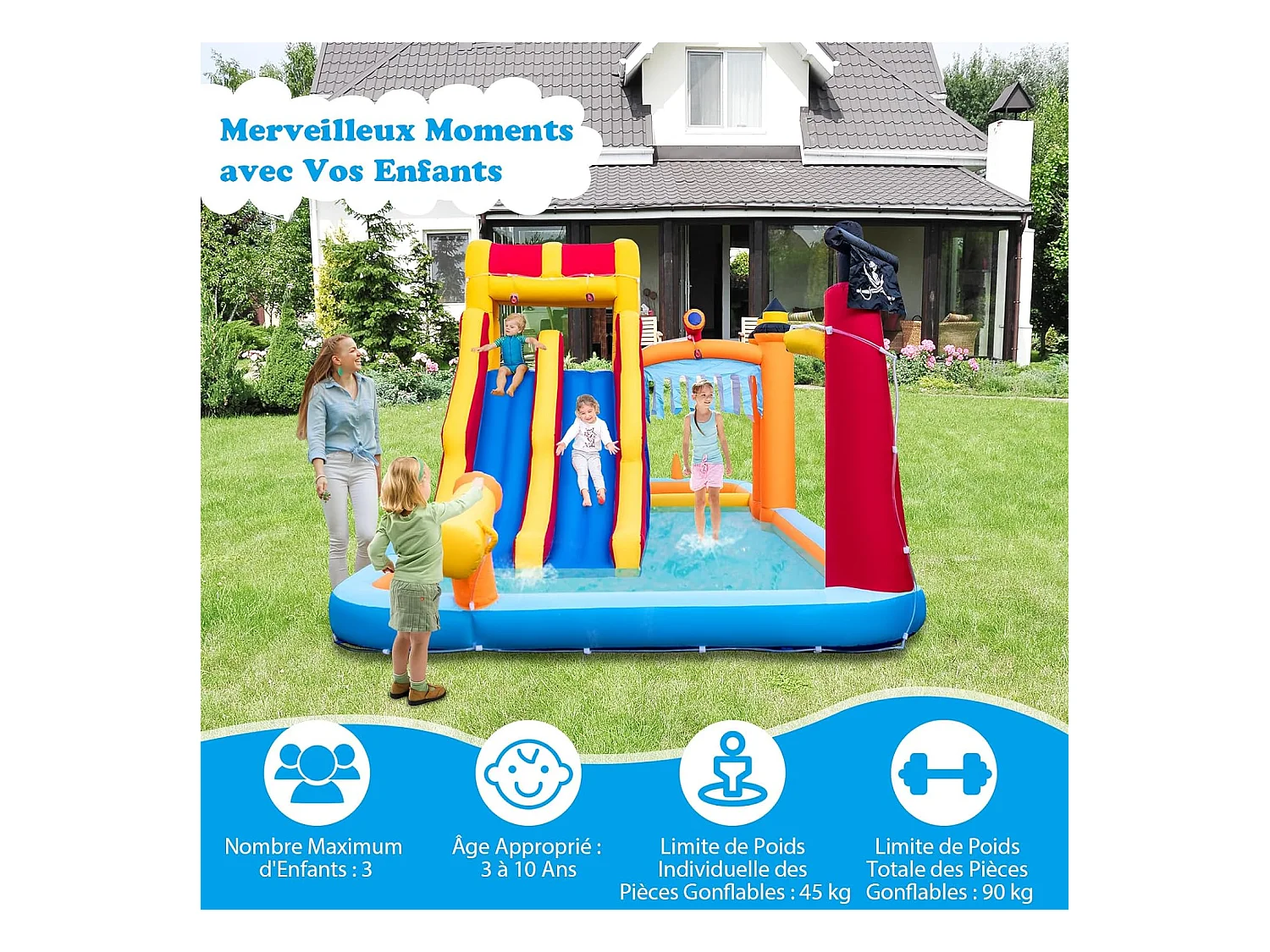 Château Gonflable en Forme Boîte avec Toboggan Aquatique & Mur d’Escalade, Aire de Jeux Gonflable avec Canon à Eau, Charge 90kg pour 3 Enfants de 3-10 Ans, 693x295x263 CM