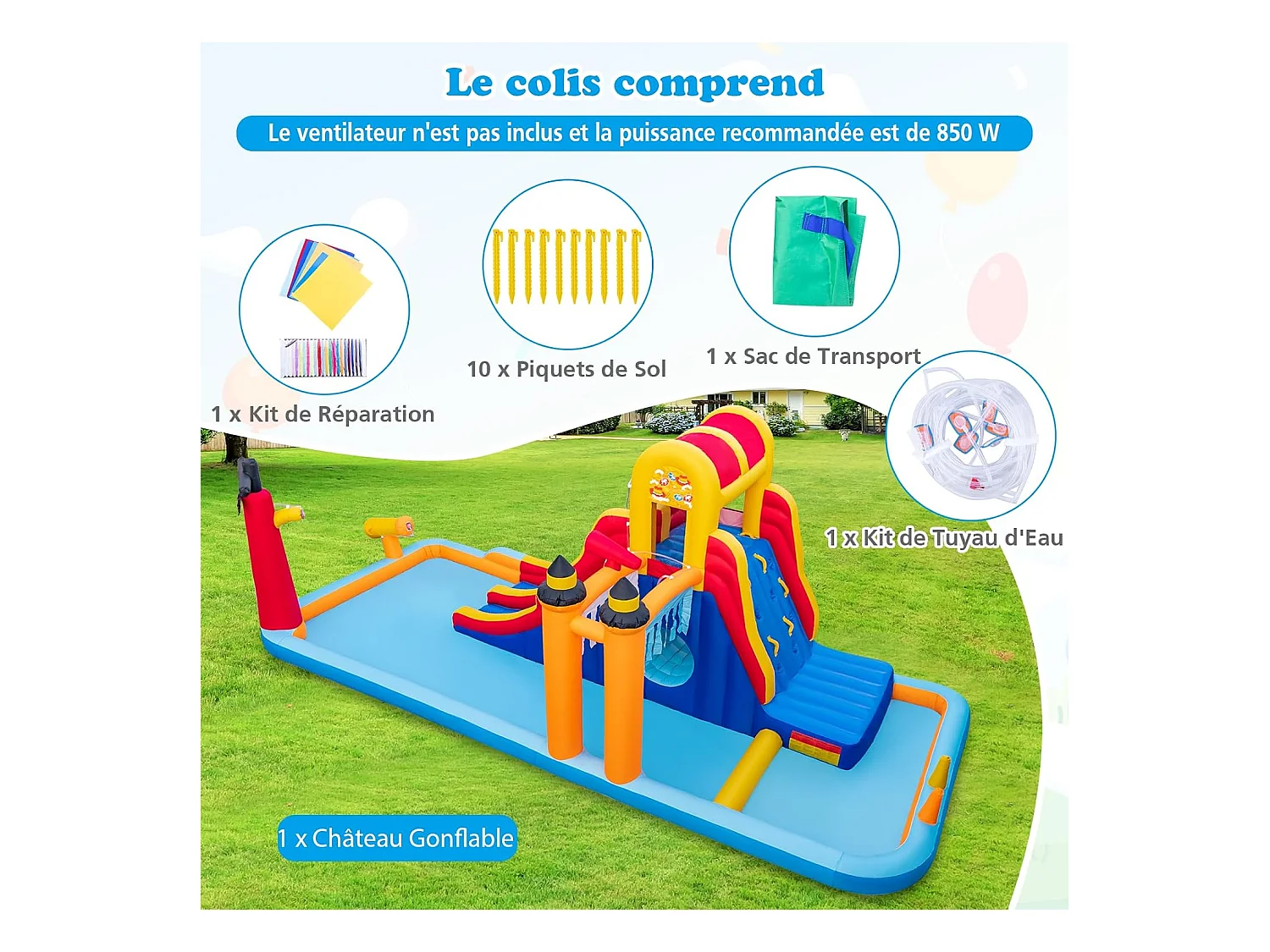 Château Gonflable en Forme Boîte avec Toboggan Aquatique & Mur d’Escalade, Aire de Jeux Gonflable avec Canon à Eau, Charge 90kg pour 3 Enfants de 3-10 Ans, 693x295x263 CM