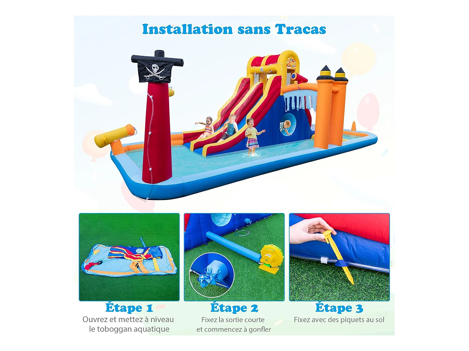 Château Gonflable en Forme Boîte avec Toboggan Aquatique & Mur d’Escalade, Aire de Jeux Gonflable avec Canon à Eau, Charge 90kg pour 3 Enfants de 3-10 Ans, 693x295x263 CM