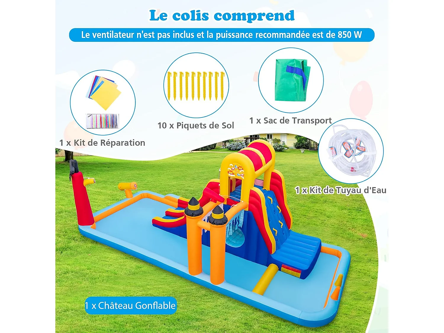 Château Gonflable en Forme Boîte avec Toboggan Aquatique & Mur d’Escalade, Aire de Jeux Gonflable avec Canon à Eau, Charge 90kg pour 3 Enfants de 3-10 Ans, 693x295x263 CM
