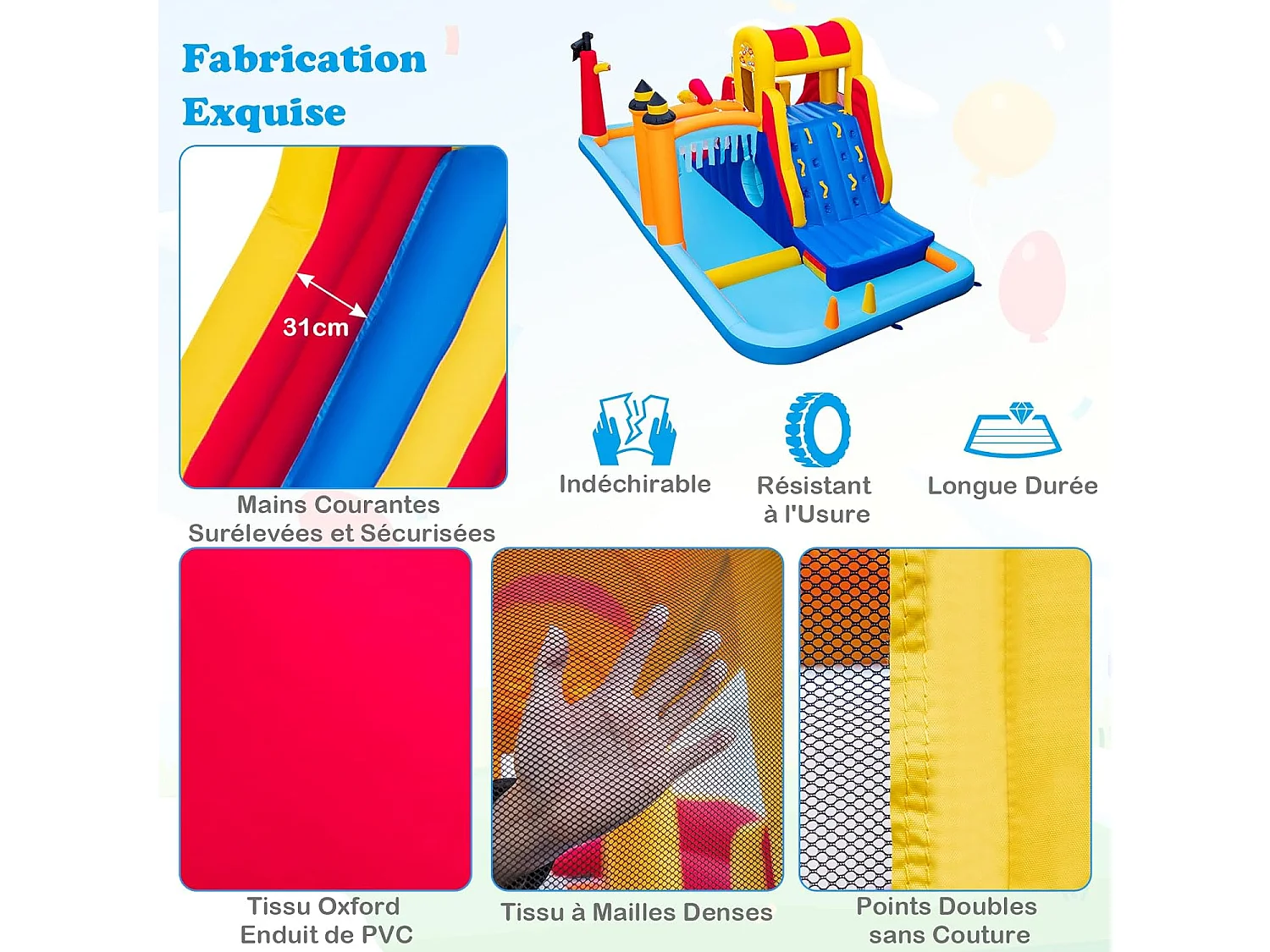 Château Gonflable en Forme Boîte avec Toboggan Aquatique & Mur d’Escalade, Aire de Jeux Gonflable avec Canon à Eau, Charge 90kg pour 3 Enfants de 3-10 Ans, 693x295x263 CM