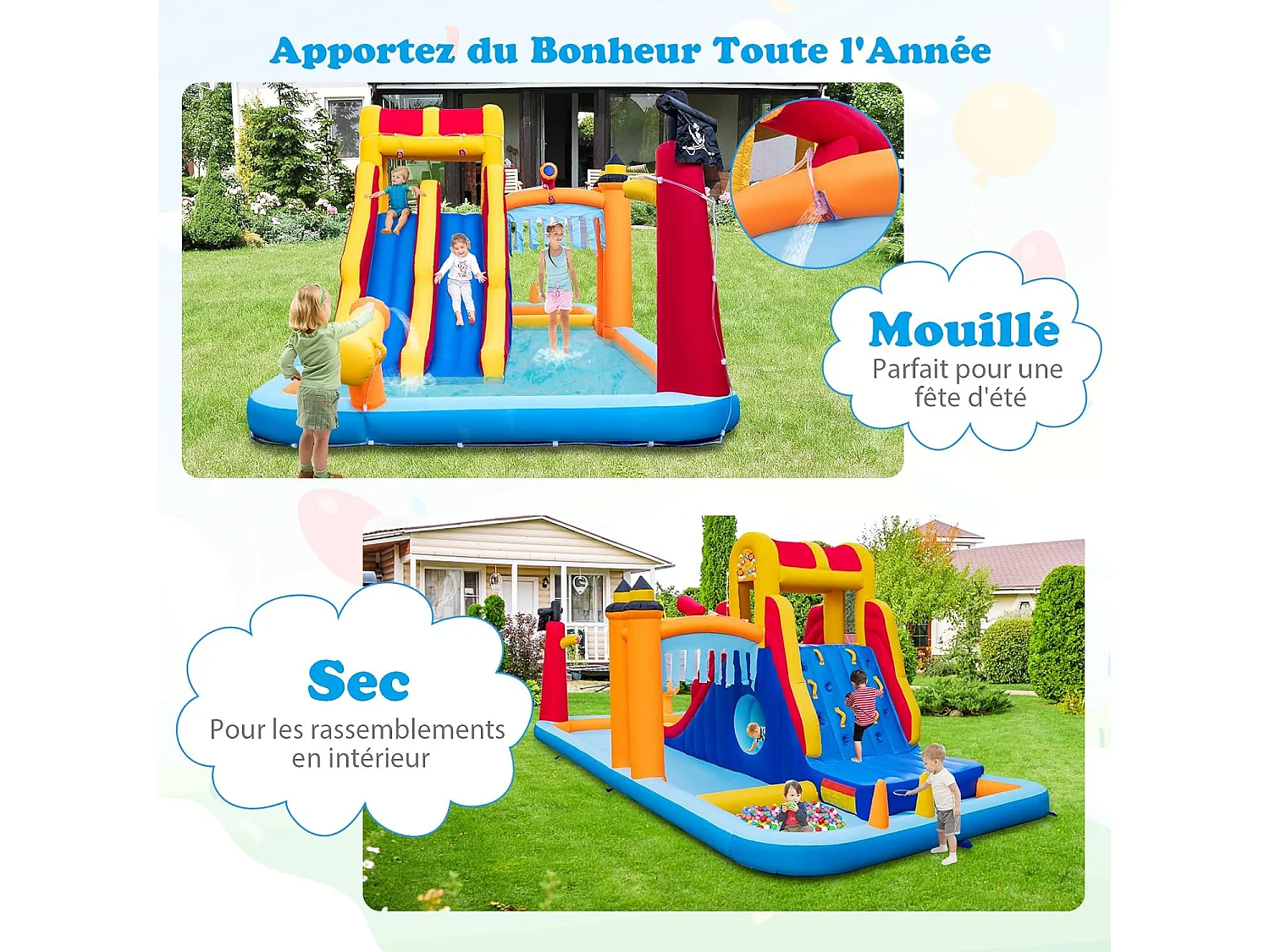 Château Gonflable en Forme Boîte avec Toboggan Aquatique & Mur d’Escalade, Aire de Jeux Gonflable avec Canon à Eau, Charge 90kg pour 3 Enfants de 3-10 Ans, 693x295x263 CM