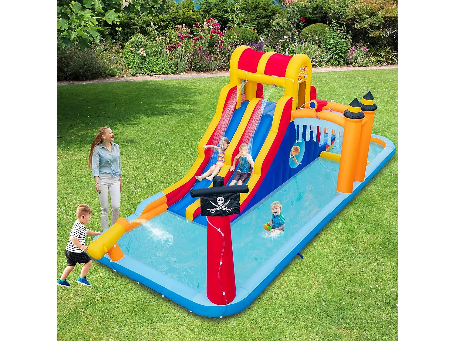 Château Gonflable en Forme Boîte avec Toboggan Aquatique & Mur d’Escalade, Aire de Jeux Gonflable avec Canon à Eau, Charge 90kg pour 3 Enfants de 3-10 Ans, 693x295x263 CM