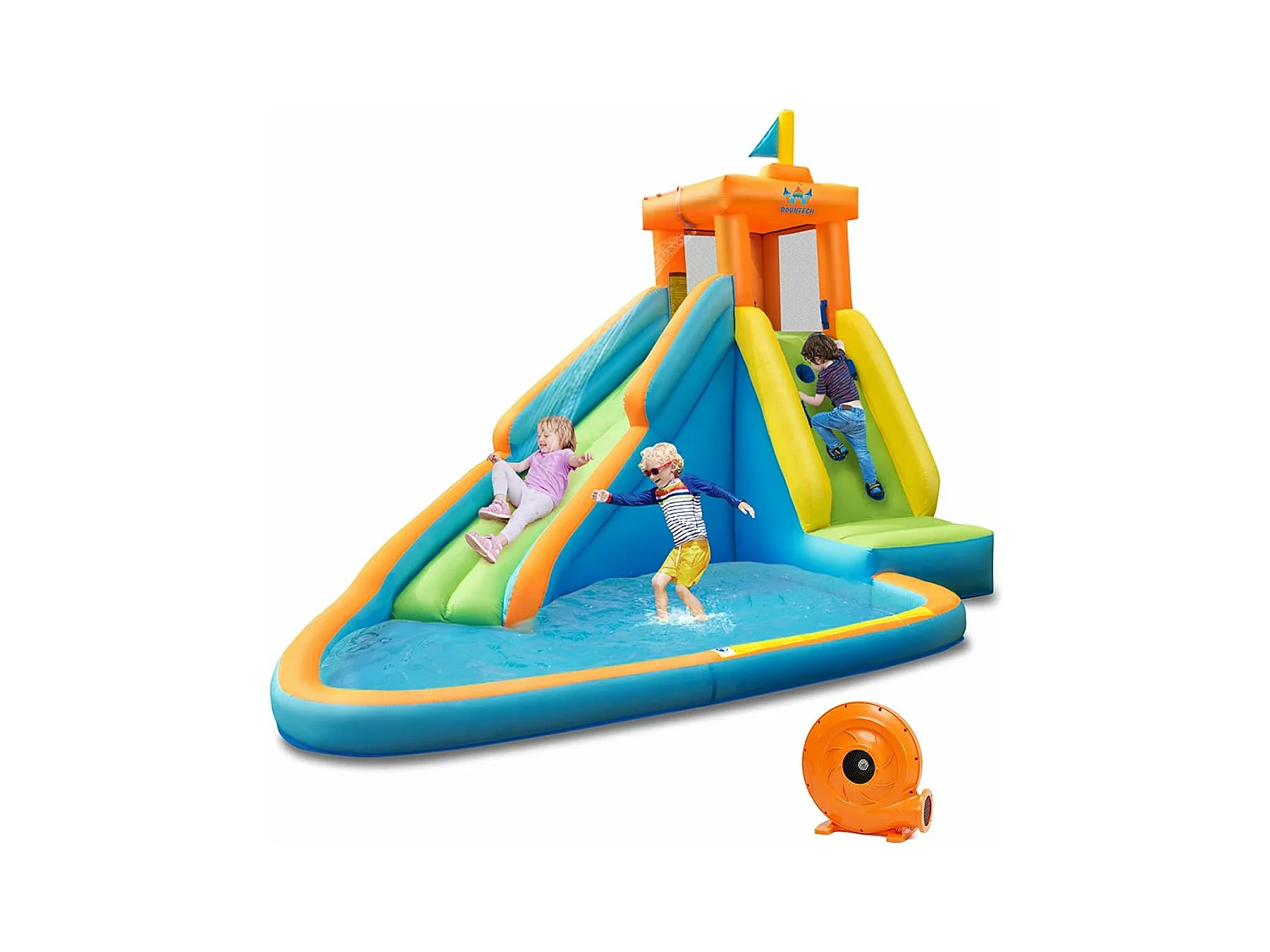 Château Gonflable pour Enfants 3-8 Ans avec Gonfleur 450W Toboggan Pataugeoire Système d’Arrosage Sac Portable Charge 90KG