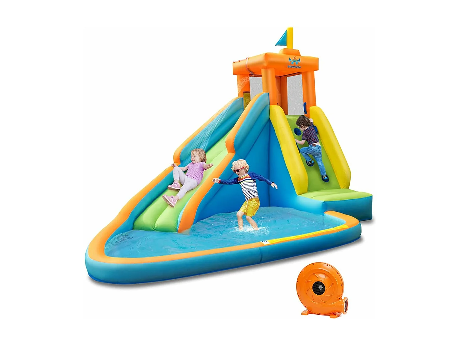 Château Gonflable pour Enfants 3-8 Ans avec Gonfleur 450W Toboggan Pataugeoire Système d’Arrosage Sac Portable Charge 90KG