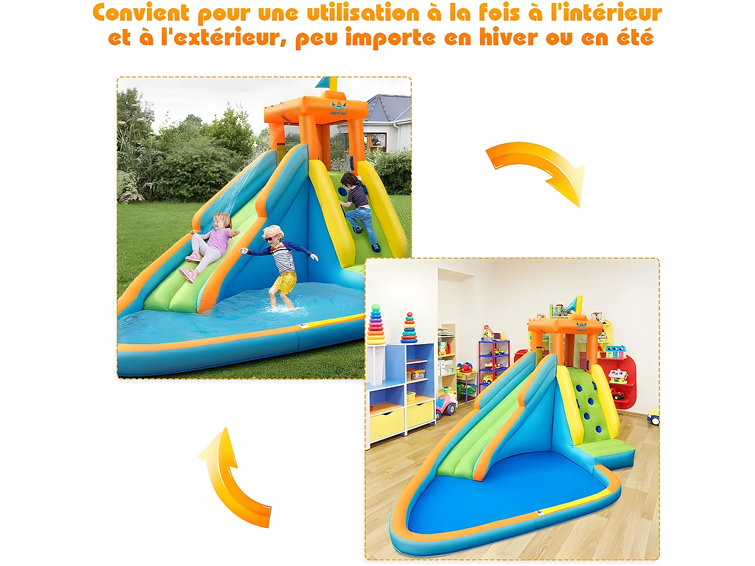 Château Gonflable pour Enfants 3-8 Ans avec Gonfleur 450W Toboggan Pataugeoire Système d’Arrosage Sac Portable Charge 90KG