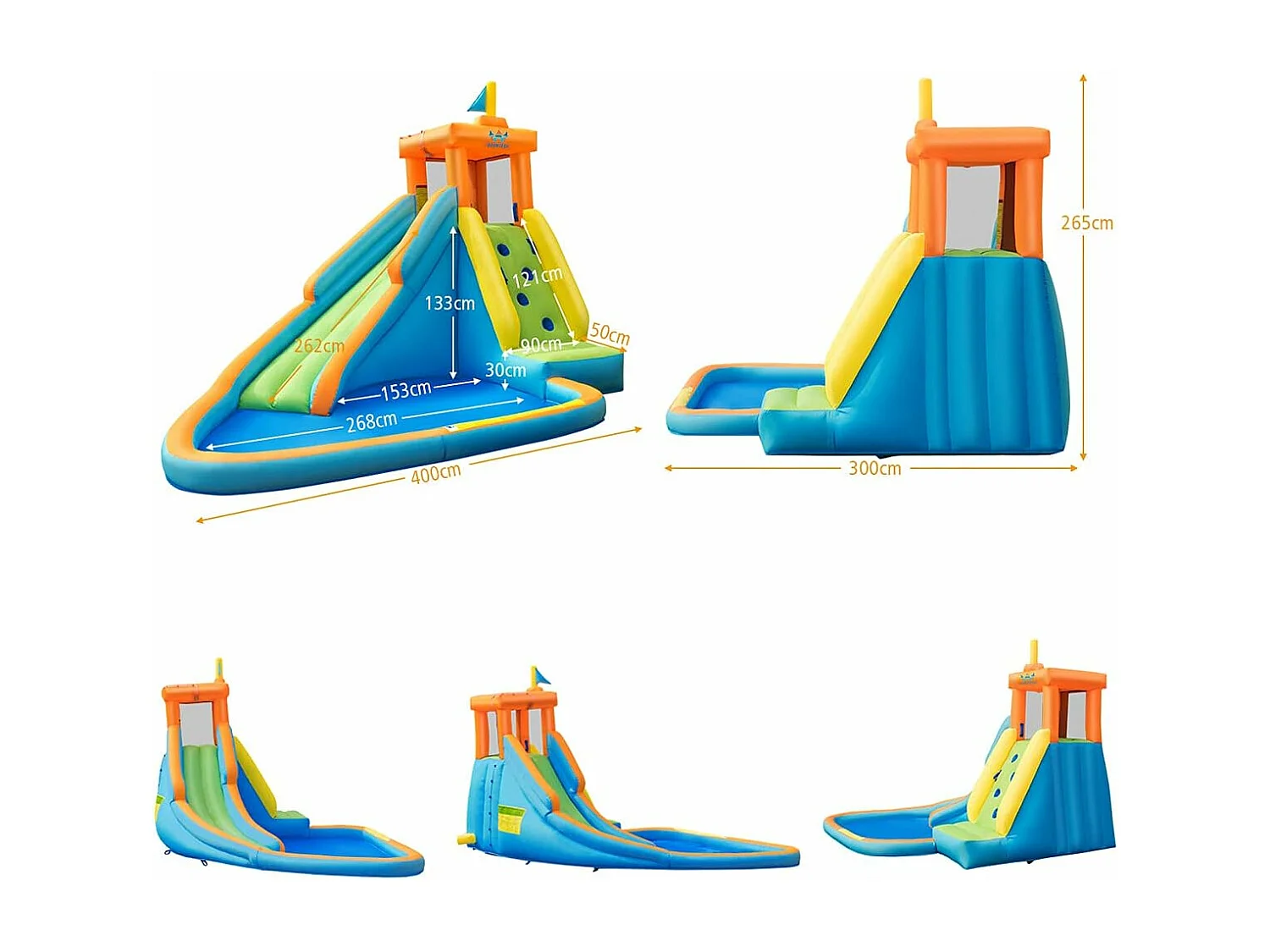 Château Gonflable pour Enfants 3-8 Ans avec Gonfleur 450W Toboggan Pataugeoire Système d’Arrosage Sac Portable Charge 90KG