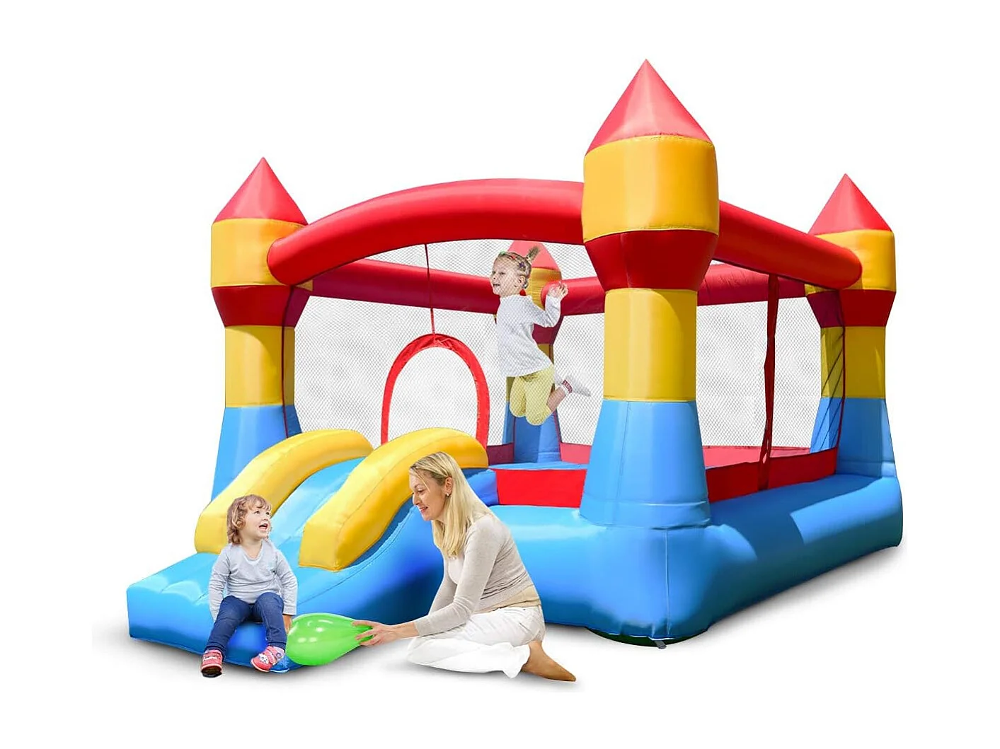 Château Gonflable Aire de Jeux Gonflable avec Toboggan pour Enfant en Tissu et velours Oxford Equipée de Filet Protecteur 370 x 280 x 230 CM
