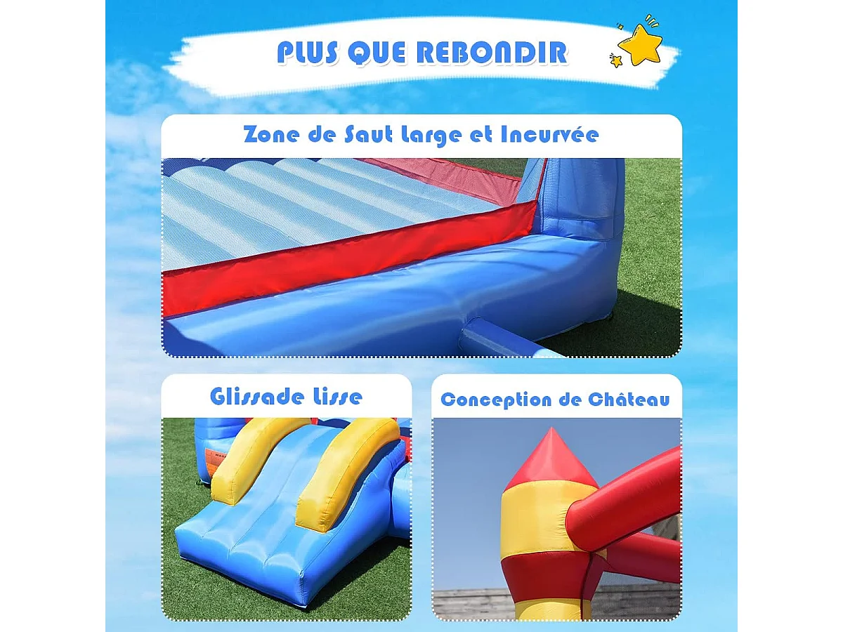 Château Gonflable Aire de Jeux Gonflable avec Toboggan pour Enfant en Tissu et velours Oxford Equipée de Filet Protecteur 370 x 280 x 230 CM